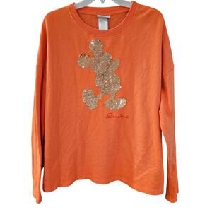 Disney Parks Orange Disneyland Sequined Mickey Mouse Oversized Crew Sweatshirt M